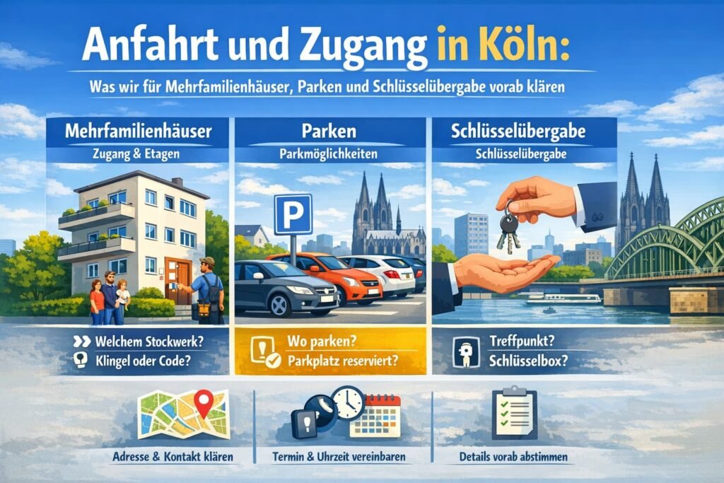 Anfahrt und Zugang in Köln: Was wir für Mehrfamilienhäuser, Parken und Schlüsselübergabe vorab klären