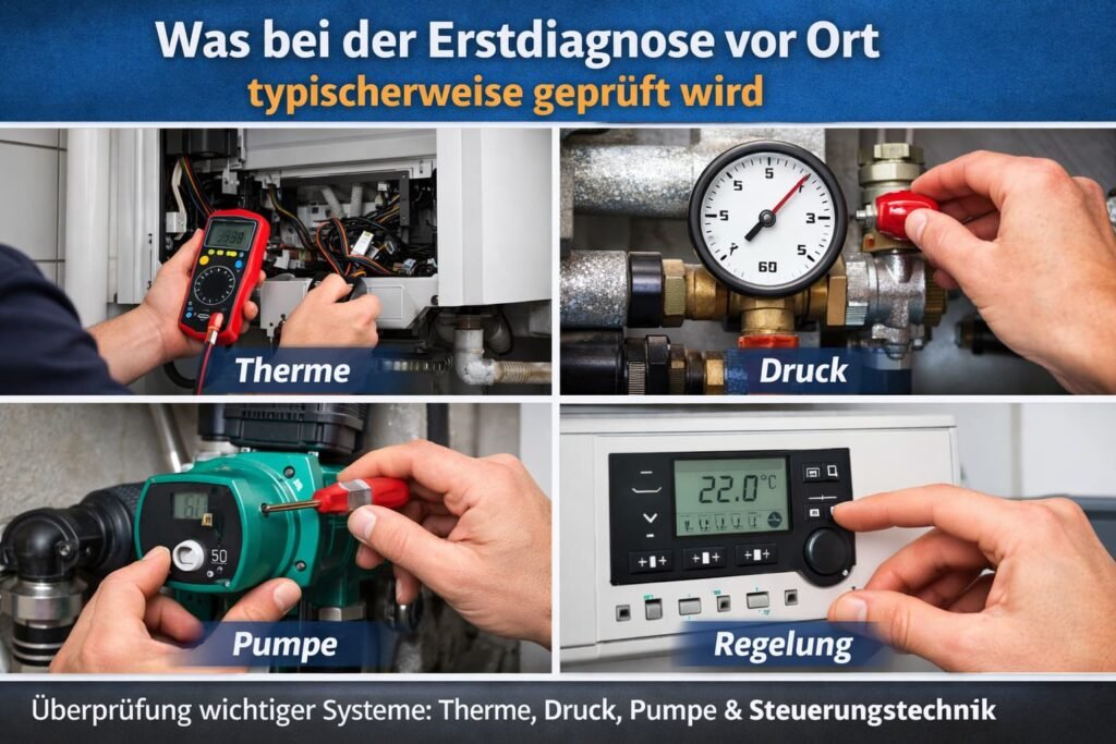 Was bei der Erstdiagnose vor Ort typischerweise geprüft wird (Therme, Druck, Pumpe, Regelung)