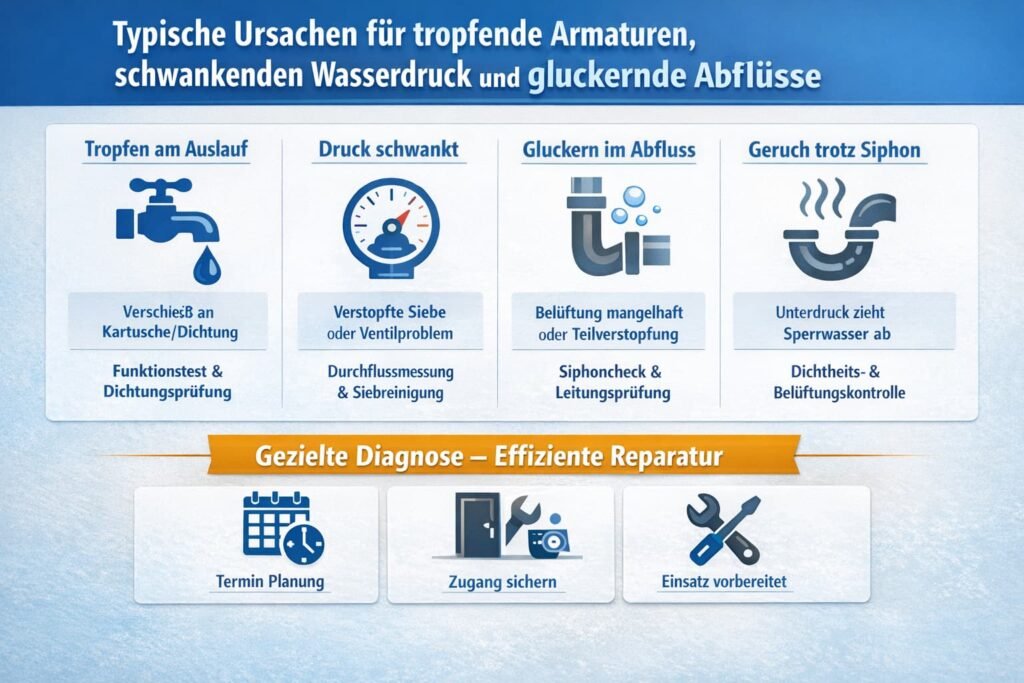 Typische Ursachen für tropfende Armaturen, schwankenden Wasserdruck und gluckernde Abflüsse