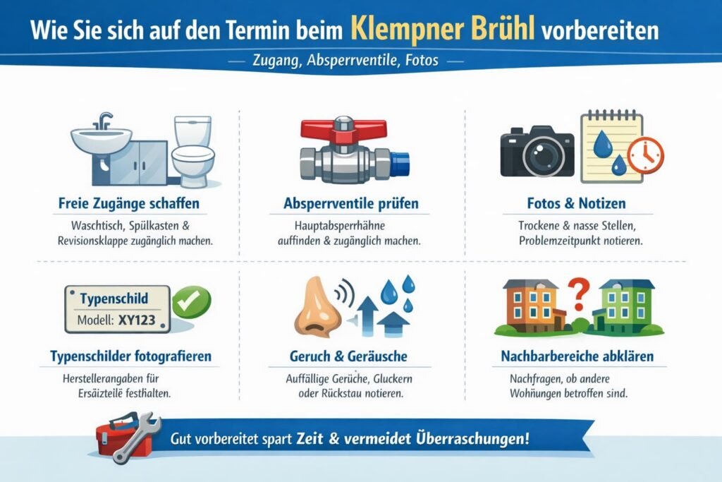 Wie Sie sich auf den Termin beim Klempner Brühl vorbereiten (Zugang, Absperrventile, Fotos)