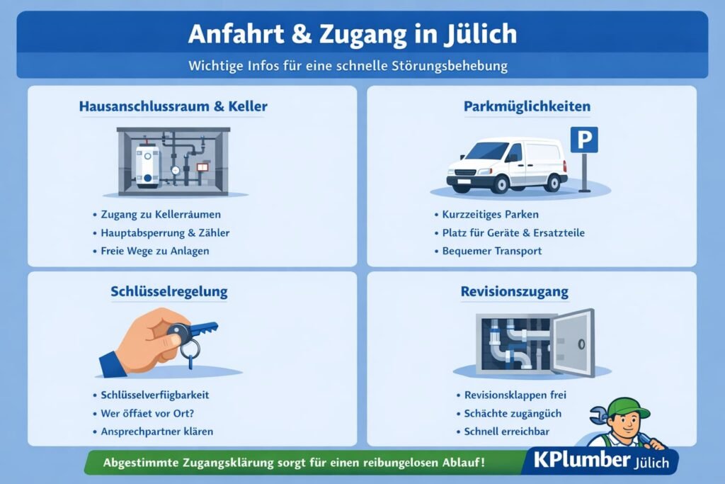 Anfahrt und Zugang in Jülich: Keller, Hausanschlussraum, Parken und Schlüsselregelung