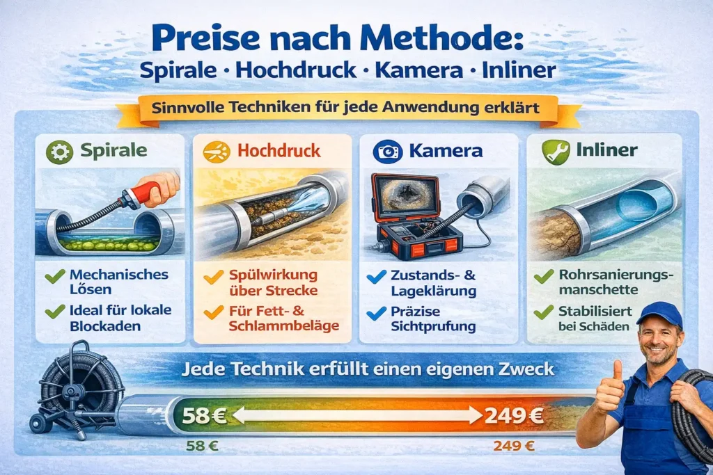 Preise nach Methode: Spirale, Hochdruck, Kamera, Inliner