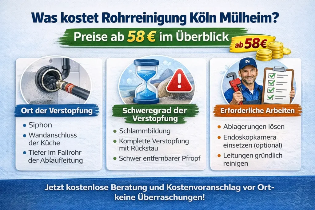 Was kostet Rohrreinigung Köln Mülheim? Preise ab 58 € im Überblick