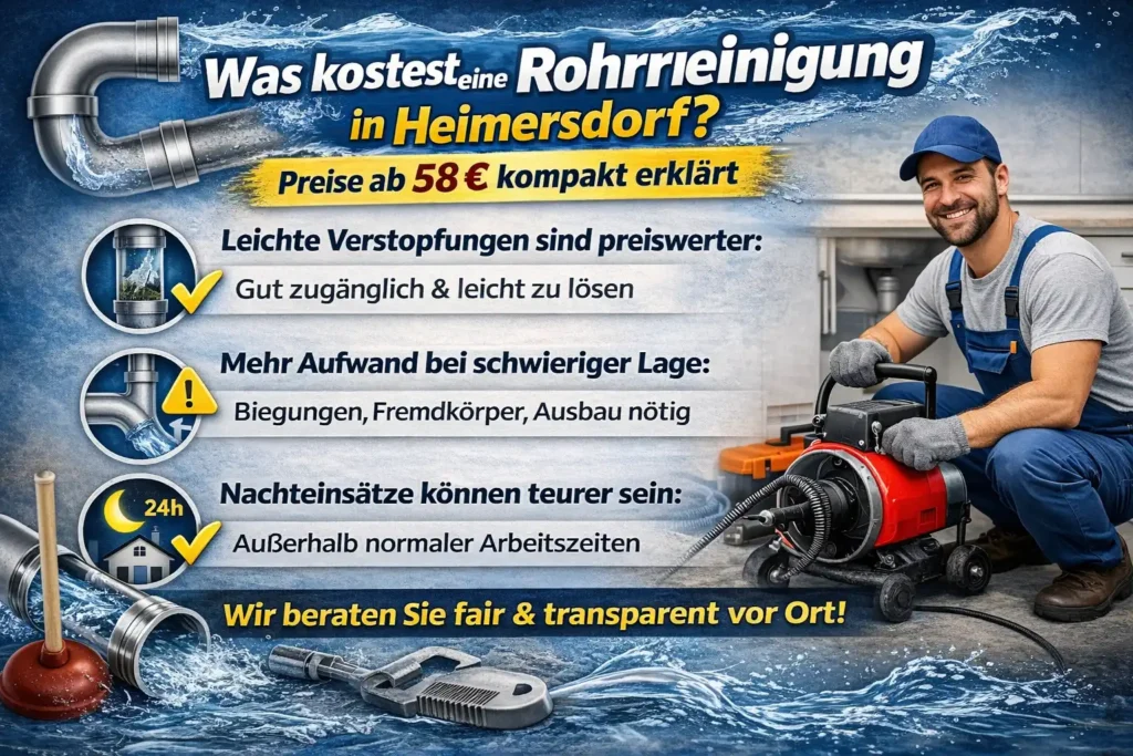 Was kostet eine Rohrreinigung in Heimersdorf? Preise ab 58 € kompakt erklärt