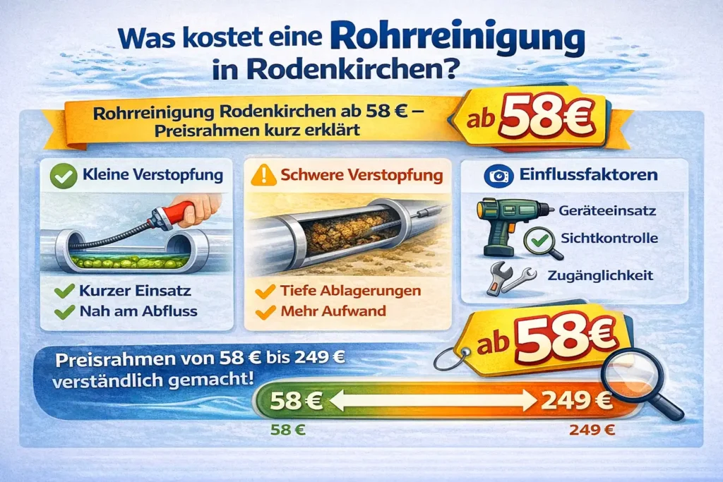 Was kostet eine Rohrreinigung in Rodenkirchen? Rohrreinigung Rodenkirchen ab 58 € – Preisrahmen kurz erklärt