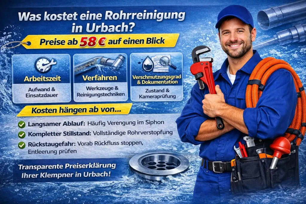 Was kostet eine Rohrreinigung in Urbach? Preise ab 58 € auf einen Blick