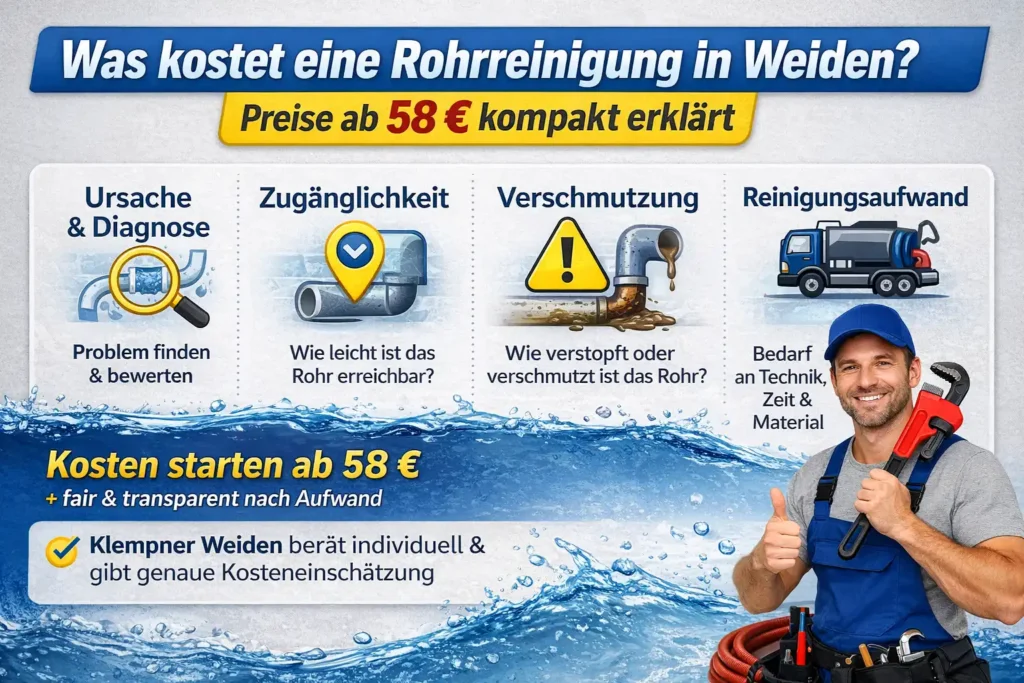 Was kostet eine Rohrreinigung in Weiden? Preise ab 58 € kompakt erklärt