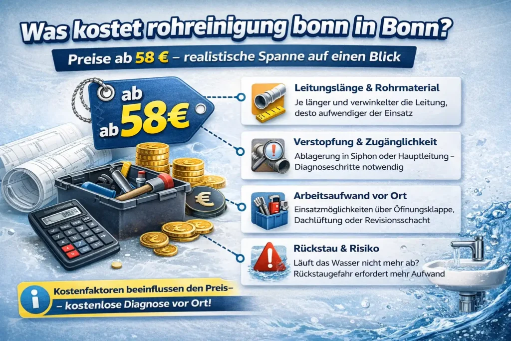 Was kostet rohrreinigung bonn in Bonn? Preise ab 58 € – realistische Spanne auf einen Blick