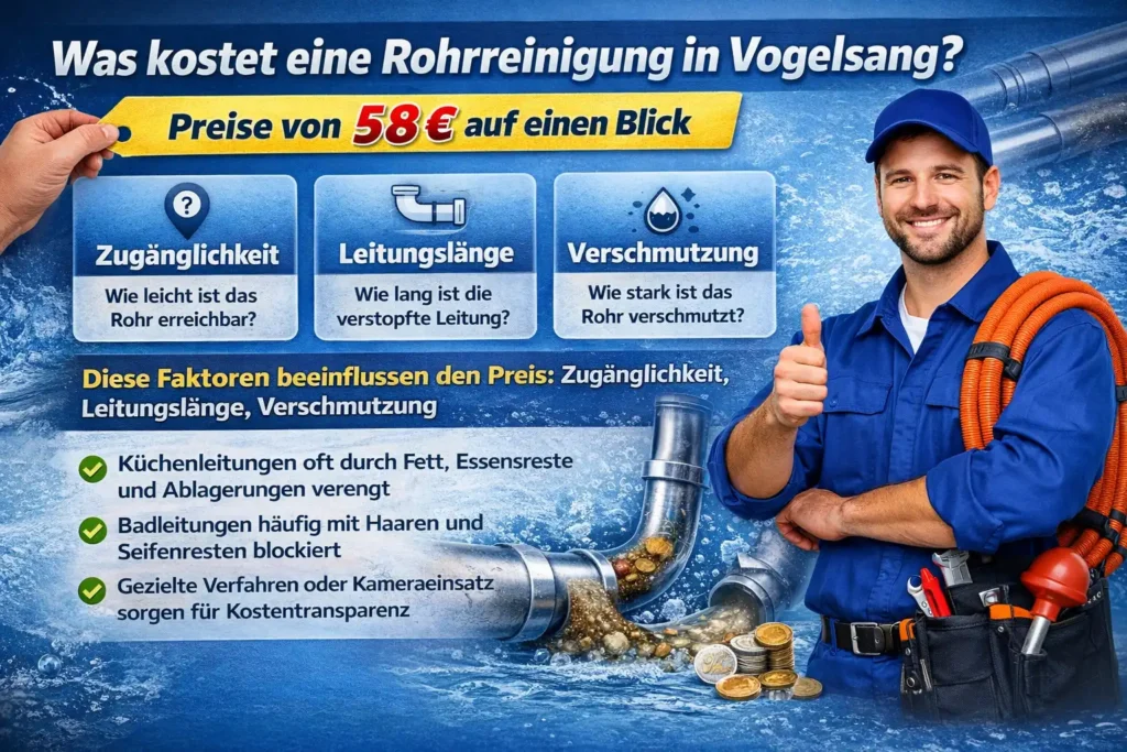 Was kostet eine Rohrreinigung in Vogelsang? Preise von 58 €  auf einen Blick